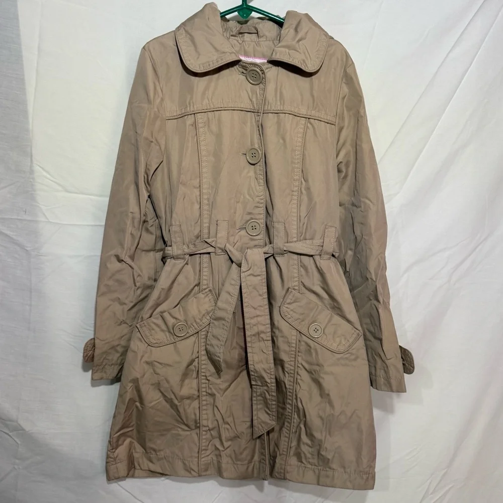 Girls Beige Trench Coat with Belted Waist Button Closure Removable Hood Size 7/8